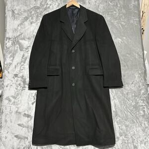 Vintage Single Breasted Wool Cashmere Trench Overcoat Mens size 42R Green Black